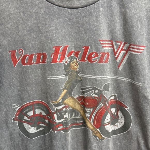 Van Halen Biker Pin Up T-shirt Mens Rock and Roll Music Gray Acid Wash Tee Sz S - Picture 3 of 5